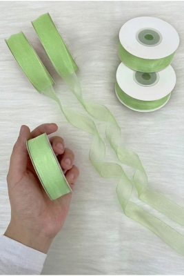 Organze Tül Kurdele Fıstık Yeşili 2 cm 22 mt, Bohça, Nişan, Çeyiz, Hediye, Paketleme, Süsleme, Nikah