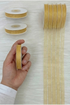 Organze Tül Kurdele Gold 1 cm 22 mt, Gelin, Bohça, Nişan, Çeyiz, Hediye, Paketleme, Süsleme, Nikah