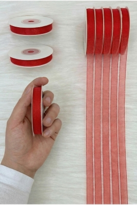 Organze Tül Kurdele Kırmızı 1 cm 22mt, Gelin, Bohça, Nişan, Çeyiz, Hediye, Paketleme, Süsleme, Nikah