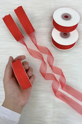 Organze Tül Kurdele Kırmızı 2 cm 22mt, Gelin, Bohça, Nişan, Çeyiz, Hediye, Paketleme, Süsleme, Nikah