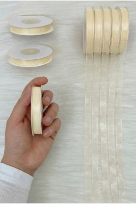 Organze Tül Kurdele Krem 1 cm 22 mt, Gelin, Bohça, Nişan, Çeyiz, Hediye, Paketleme, Süsleme, Nikah