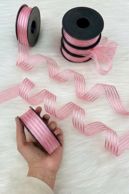 Pembe Hilton Çizgili Şifon Kurdele 2,5 cm 20 mt, Gelin, Bohça, Nişan, Çeyiz, Hediye, Parti, Süsleme