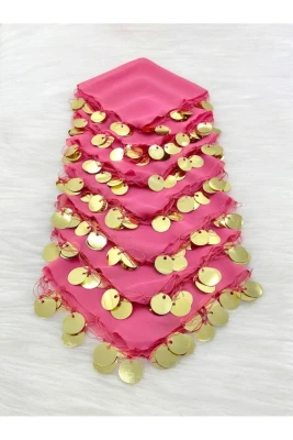 Pembe Şifon Halay Mendili, Gold Pullu 10 Adet, Gelin Damat Düğün Kına Sünnet Nişan Bride Söz Nedime Nikah