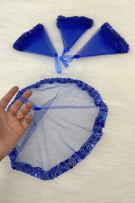 Saks Mavi Gelin Mendili, Halay El Mendili, Zarif Su Taşlı Pullu Boncuklu Pul Payet