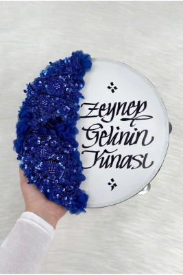 Saks Mavi Gelin Tefi 30 Cm, Kaligrafi Ve Vip Aplik Süslemeli, Düğün Sünnet Kına Nedime Nikah Nişan Söz Bride Parti Bekarlığa Veda Partisi Gelin Damat