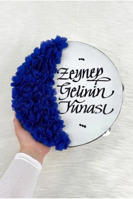 Saks Mavi Gelin Tefi 30 Cm, Kaligrafi Ve Lazer Çiçek Süslemeli, Düğün Sünnet Kına Nedime Nikah Nişan Söz Bride Parti Bekarlığa Veda Partisi Gelin Dama
