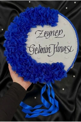 Saks Mavi Gelin Tefi, Kordonlu İncili Ve Lazer Çiçek Süslemeli 30cm, Düğün Sünnet Kına Gecesi Nedime Nikah Nişan Söz Bride Parti Tefi Gelin Damat Beka