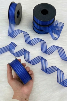 Saks Mavi Hilton Çizgili Şifon Kurdele 2,5 cm 20 mt, Gelin, Damat, Bohça, Nişan, Çeyiz, Hediye, Kına