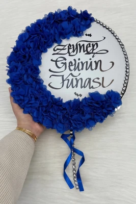 Saks Mavi Kaligrafi Gelin Tefi 32cm, Parlak Taş Ve 3d Çiçek Süslemeli, Düğün Kına Sünnet Nedime Bride Parti Defi