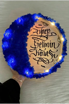 Saks Mavi Ledli Şeffaf Gelin Tefi 32cm, 3d Çiçek Süslemeli, Düğün Sünnet Kına Nedime Bride Defi