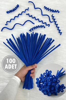 Saks Mavi Şönil 30cm, 100 Adet Tüylü Kadife Tel Peluş, El İşi, Çiçek, Hediye, Süsleme, Okul, Etkinlik