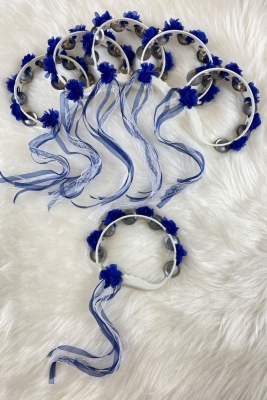 Saks Mavi Süslü Gelin Nedime Kına Gecesi Sünnet Düğün Tefi, Üç Boyut Lazer Çiçek Ve Kurdeleli 5 Adet