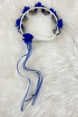 Saks Mavi Süslü Gelin Nedime Kına Gecesi Tefi, Üç Boyut Lazer Çiçek ve Kurdele Detaylı Tef 1 Adet