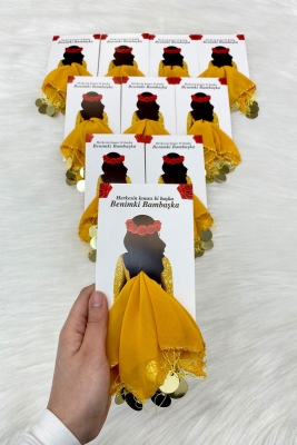 Sarı Gold Şifon Kartlı Hediyelik Halay Mendili 5 Adet, Gelin Damat Düğün Kına Sünnet Nişan Bride