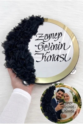 Siyah Aynalı Gelin Tefi 30cm, Kaligrafi Yazılı Ve Lazer Çiçek Süslemeli, Düğün Nişan Sünnet Kına Nedime Nikah Söz Bride Parti Tefi