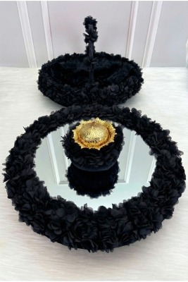 Siyah Çiçekli Aynalı Kadife Kına Gecesi Tepsi Sepet Gelin Takımı, Nişan Nikah Düğün Söz Sünnet