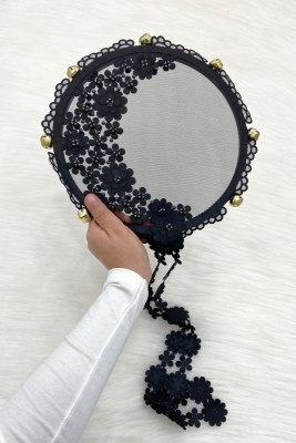 Siyah Çiçekli Parlak Taşlı Gelin Tefi, Düğün Kına Söz Sünnet Bekarlığa Veda Bride Zilli 25cm, 1 Adet