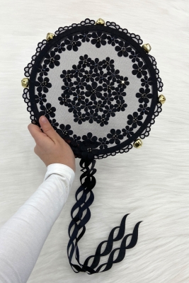 Siyah Çiçekli Parlak Taşlı Gelin Tefi, Düğün Kına Söz Sünnet Bekarlığa Veda Bride Zilli 25cm, 1 Adet