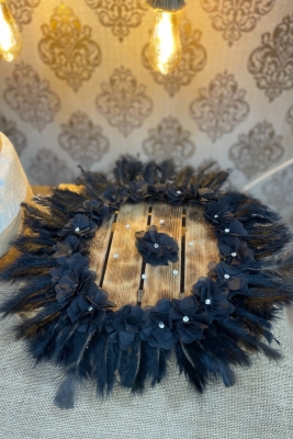 Siyah Gelin Damat El Halay Mendili, Üç Boyutlu Çiçek Tüy Taş Süslemeli, Düğün Kına Sünnet Söz Nişan