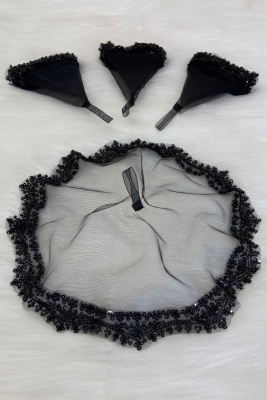 Siyah Gelin Damat Halay Mendili, Cam Boncuk Ve İncili, Kına Gecesi Bride Düğün Nedime Söz Nişan