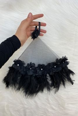 Siyah Gelin Damat Halay Mendili, Üç Boyutlu Çiçek Ve Tüy Süslemeli, Düğün Kına Nişan Sünnet Bride