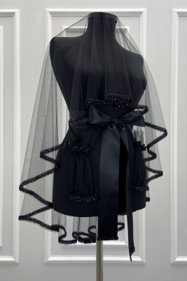 Siyah Gelin Duvak Seti, Cam Boncuk Ve İncili, Kına Gecesi Duvağı Yüz Örtüsü Seti 6 Parça