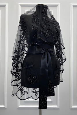 Siyah Gelin Duvak Seti, Cam Boncuk ve Pul Baskılı Kına Duvağı Yüz Örtüsü Seti 6 Parça