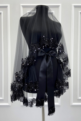 Siyah Gelin Duvak Seti, Işıl Işıl Kristal Cam Boncuk Ve Pul İşlemeli Kına Duvağı 6 Parça