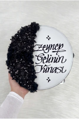Siyah Gelin Tefi 30 Cm, Kaligrafi Ve Vip Aplik Süslemeli, Düğün Sünnet Kına Nedime Nikah Nişan Söz Bride Parti Bekarlığa Veda Partisi Gelin Damat