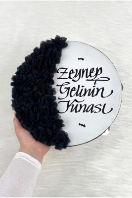 Siyah Gelin Tefi 30 Cm, Kaligrafi Ve Lazer Çiçek Süslemeli, Düğün Sünnet Kına Nedime Nikah Nişan Söz Bride Parti Bekarlığa Veda Partisi Gelin Damat
