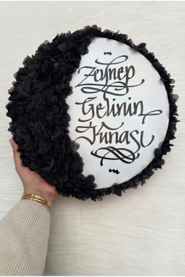 Siyah Gelin Tefi 32cm, Kaligrafi Ve 3d Çiçek Süslemeli, Düğün Sünnet Kına Nedime Bride Parti Defi