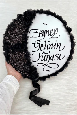 Siyah Gelin Tefi 32cm, Kaligrafi Ve Vip Aplik Süslemeli, Düğün Sünnet Kına Nedime Nikah Söz Bride Parti Tefi