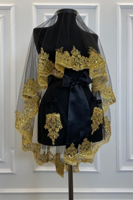 Siyah Gold Işıl Işıl Güpürlü Gelin Kına Duvağı Seti Düğün Kına Gecesi Yüz Örtüsü Alı