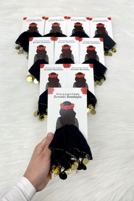 Siyah Gold Şifon Kartlı Hediyelik Halay Mendili 1 Adet, Gelin Damat Düğün Kına Sünnet Nişan Bride