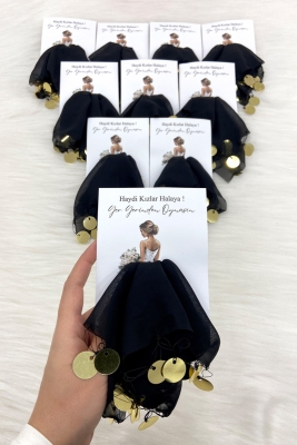 Siyah Gold Şifon Kartlı Hediyelik Halay Mendili 5 Adet, Gelin Damat Düğün Kına Sünnet Nişan Bride