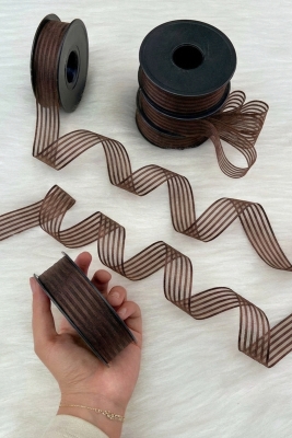Kahverengi Hilton Çizgili Şifon Kurdele 2,5 cm 20 mt, Bohça, Nişan, Çeyiz, Hediye, Nikah, Süsleme