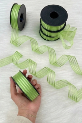 Fıstık Yeşili Hilton Çizgili Şifon Kurdele 2,5 cm 20 mt, Bohça, Nişan, Çeyiz, Hediye, Nikah, Süsleme
