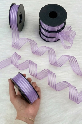 Lila Hilton Çizgili Şifon Kurdele 2,5 cm 20 mt, Gelin, Bohça, Nişan, Çeyiz, Hediye, Nikah, Süsleme