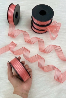 Gül Kurusu Hilton Çizgili Şifon Kurdele 2,5 cm 20 mt, Gelin, Bohça, Nişan, Çeyiz, Hediye, Süsleme