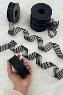 Siyah Hilton Çizgili Şifon Kurdele 2,5 cm 20 mt, Gelin, Bohça, Nişan, Çeyiz, Hediye, Nikah, Süsleme