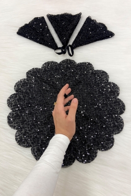 Siyah Işıl Işıl Pullu Gelin Damat Mendili, Pul Payet Detaylı, Düğün Kına Sünnet Söz Nişan Bride