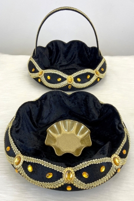 Siyah Kadife Parlak Taş Süslemeli Kına Gecesi Tepsi Sepet Gelin Takımı, Nişan, Nikah, Düğün, Söz