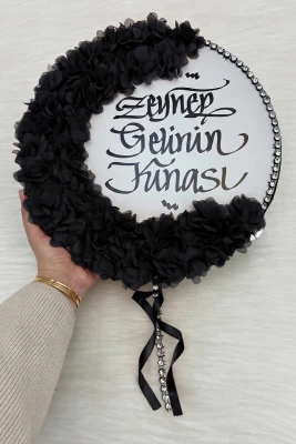 Siyah Kaligrafi Gelin Tefi 32cm, Parlak Taş Ve 3d Çiçek Süslemeli, Düğün Kına Sünnet Nedime Bride Parti Defi