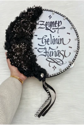 Siyah Kaligrafi Gelin Tefi 32cm, Vip Güpürlü, Parlak Taş Ve 3d Çiçek Düğün Kına Sünnet Nedime Bride Parti Defi