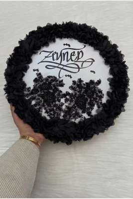 Siyah Kaligrafi Gelin Tefi 32cm, Vip Güpürlü Ve 3d Çiçek Düğün Kına Sünnet Nedime Bride Parti Defi