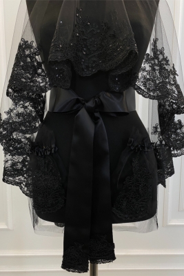 Siyah Kına Duvağı Seti, Narin Desen Işıl Işıl Güpürlü Siyah Gelin Duvak Seti