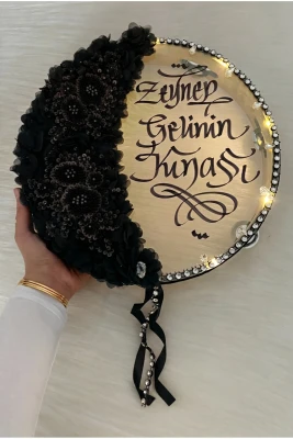 Siyah Ledli Gelin Tefi 32cm, Aplik Çiçek Ve Parlak Taş Süslemeli Def, Düğün Kına Gecesi Nedime Bride Sünnet