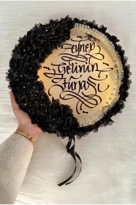 Siyah Ledli Gelin Tefi 32cm, Lüx Aplik Çiçek Ve Parlak Taş Süslemeli, Düğün Kına Nedime Bride Sünnet