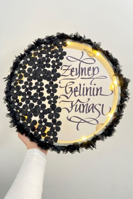 Siyah Ledli Şeffaf Gelin Tefi 32cm 3d Çiçek Parlak Taş İncili Düğün Kına Nedime Bride Parti Defi