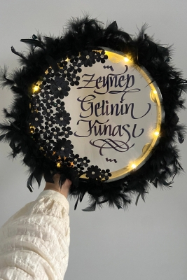 Siyah Ledli Şeffaf Gelin Tefi 32cm 3d Çiçek Parlak Taş Otrişli Düğün Kına Nedime Bride Parti Defi